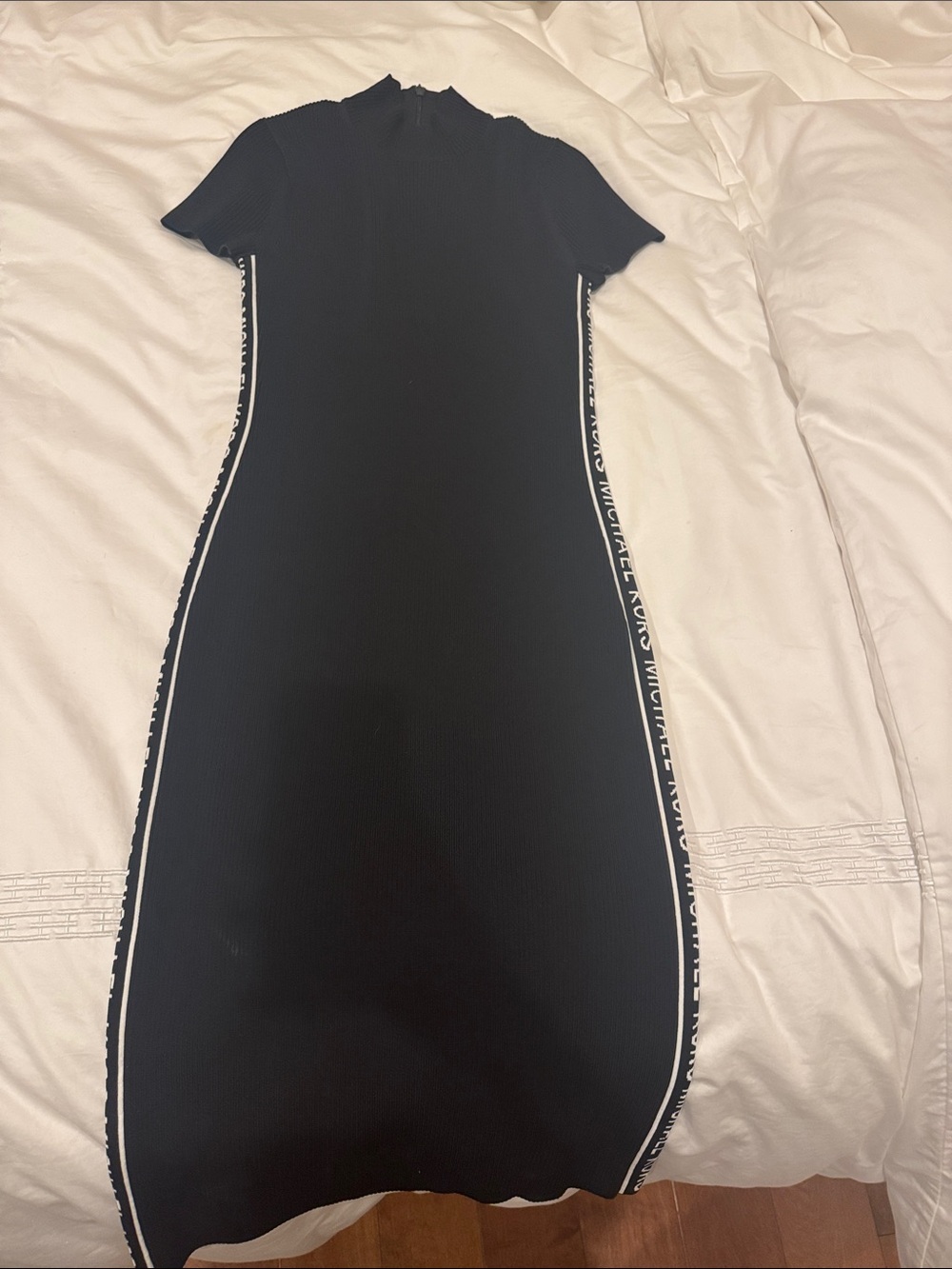 Michael Kors Black Midi Ribbed Knit Dress with Logo Side Stripes